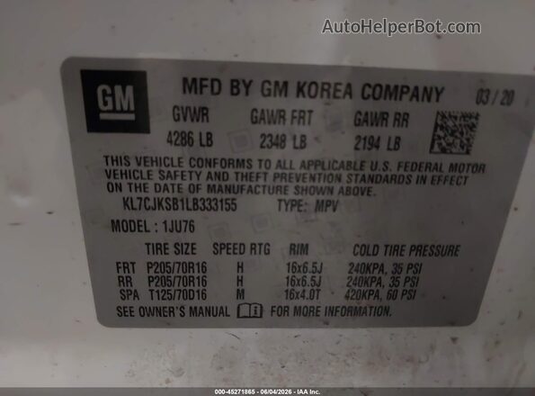 KL7CJKSB1LB333155 2020 CHEVROLET TRAX White Widok komory silnika