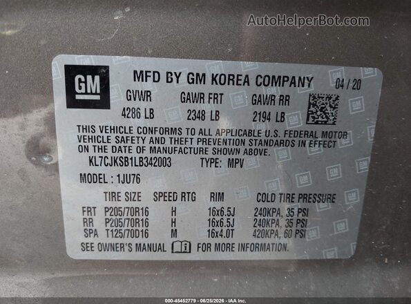 KL7CJKSB1LB342003 2020 CHEVROLET TRAX Brown Engine compartment view
