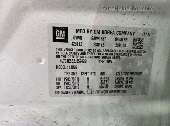 KL7CJKSB2JB594761 2018 CHEVROLET TRAX Silver 
