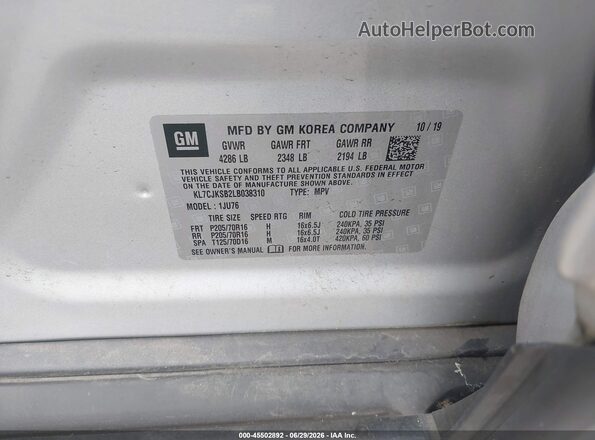 KL7CJKSB2LB038310 2020 CHEVROLET TRAX Silver ძრავის განყოფილების ხედი