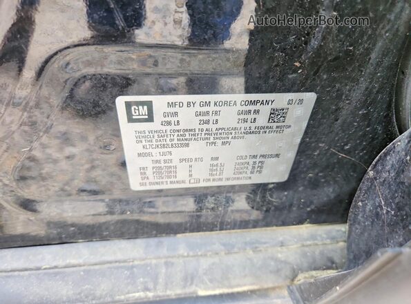 KL7CJKSB2LB333598 2020 CHEVROLET TRAX Black ძრავის განყოფილების ხედი