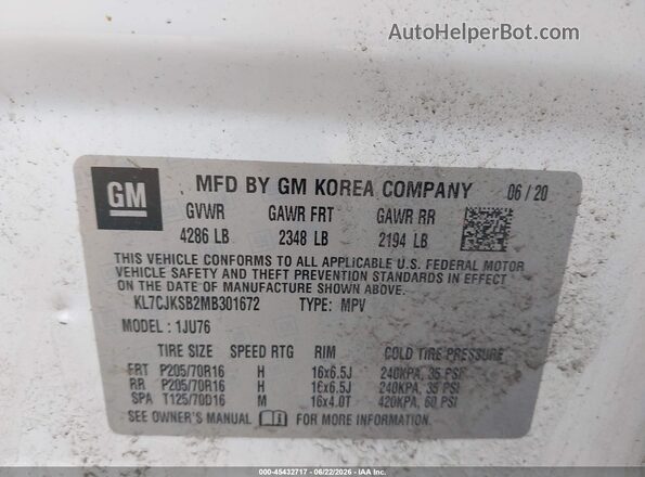 KL7CJKSB2MB301672 2021 CHEVROLET TRAX White Vista del compartimento del motor