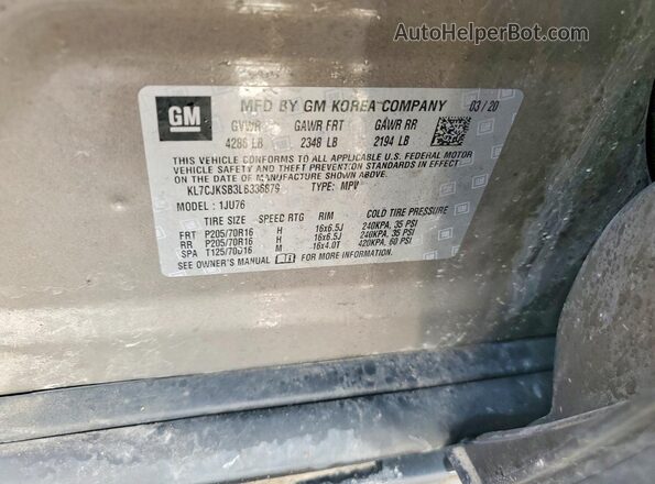 KL7CJKSB3LB336879 2020 CHEVROLET TRAX Коричневый Вид наклейки с VIN-кодом