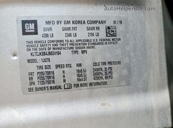 KL7CJKSB4JB624164 2018 CHEVROLET TRAX Silver Вид підкапотного простору