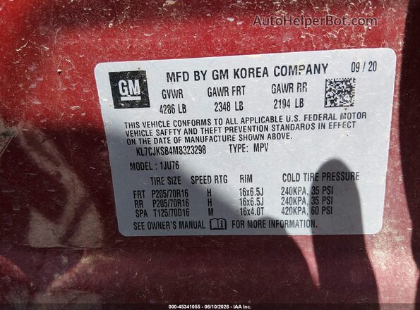 KL7CJKSB4MB323298 2021 CHEVROLET TRAX Красный Вид подкапотного пространства