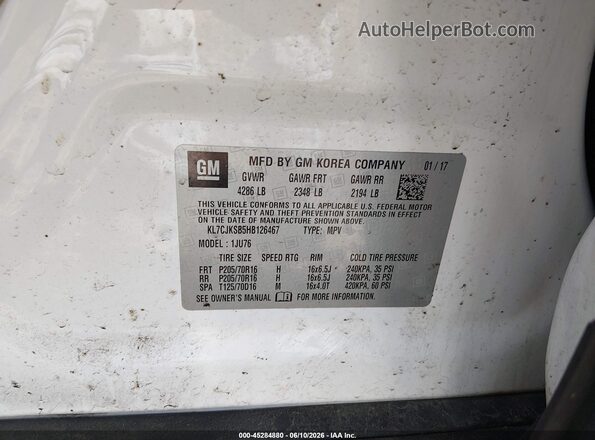 KL7CJKSB5HB126467 2017 CHEVROLET TRAX Белый Вид подкапотного пространства