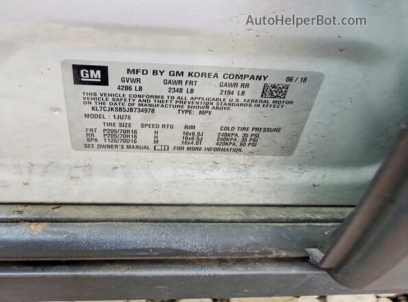 KL7CJKSB5JB734978 2018 CHEVROLET TRAX Silver VIN sticker view