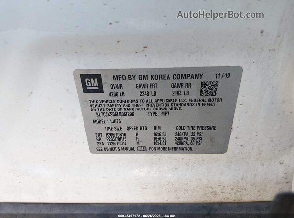 KL7CJKSB6LB061296 2020 CHEVROLET TRAX White ძრავის განყოფილების ხედი