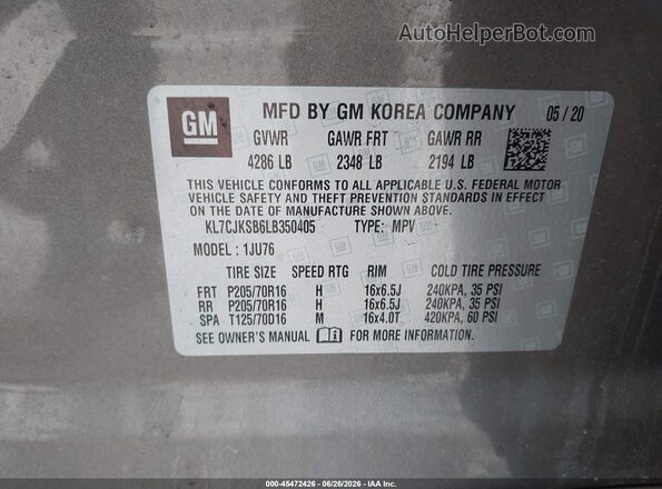 KL7CJKSB6LB350405 2020 CHEVROLET TRAX Brown Շարժիչի բաժամունքի տեսք
