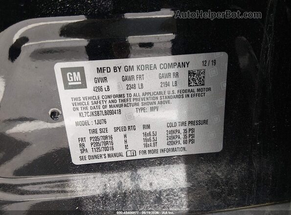 KL7CJKSB7LB090418 2020 CHEVROLET TRAX Черный Вид подкапотного пространства
