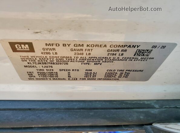 KL7CJKSB7MB329726 2021 CHEVROLET TRAX White VIN կոդի պիտակի տեսք