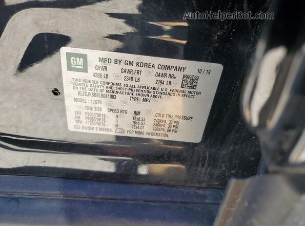 KL7CJKSB8LB041003 2020 CHEVROLET TRAX Black Widok naklejki z numerem VIN
