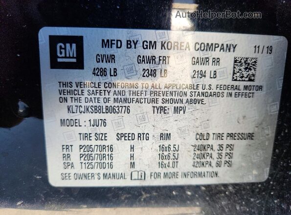KL7CJKSB8LB063776 2020 CHEVROLET TRAX Черный Вид подкапотного пространства