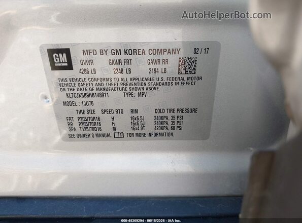 KL7CJKSB9HB148911 2017 CHEVROLET TRAX Серый Вид подкапотного пространства