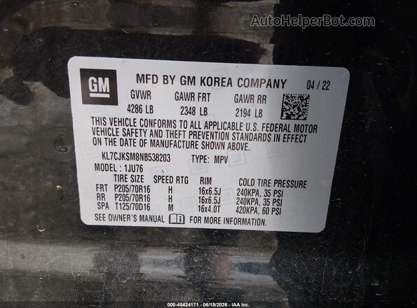 KL7CJKSM8NB538203 2022 CHEVROLET TRAX Черный Вид подкапотного пространства