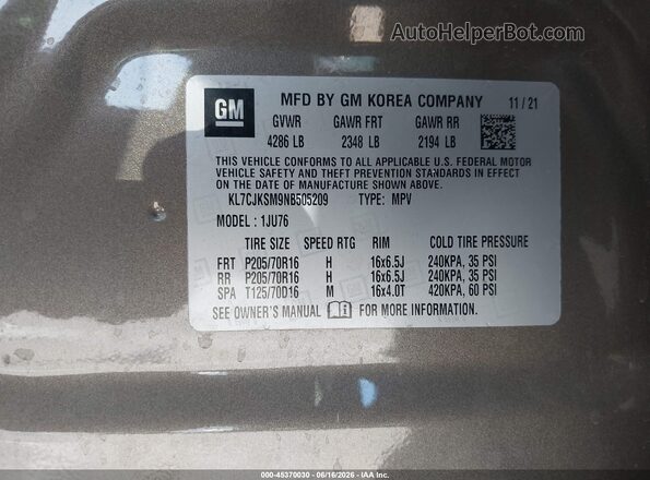 KL7CJKSM9NB505209 2022 CHEVROLET TRAX Brown 