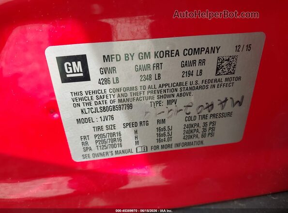 KL7CJLSB0GB597799 2016 CHEVROLET TRAX Red 