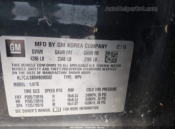 KL7CJLSB0HB090502 2017 CHEVROLET TRAX Black Вид підкапотного простору