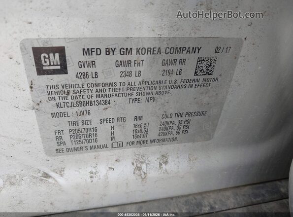 KL7CJLSB0HB134384 2017 CHEVROLET TRAX Silver Engine compartment view