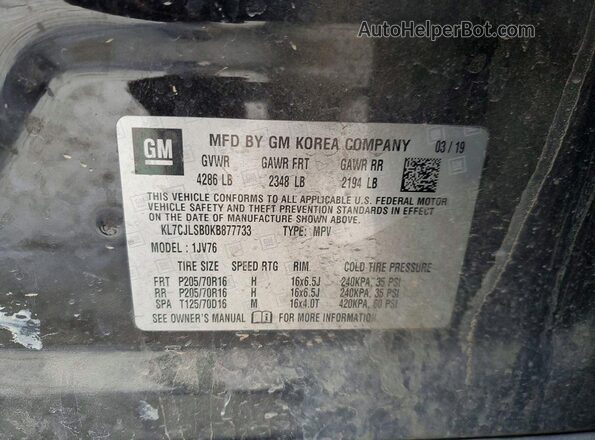 KL7CJLSB0KB877733 2019 CHEVROLET TRAX Black Widok naklejki z numerem VIN
