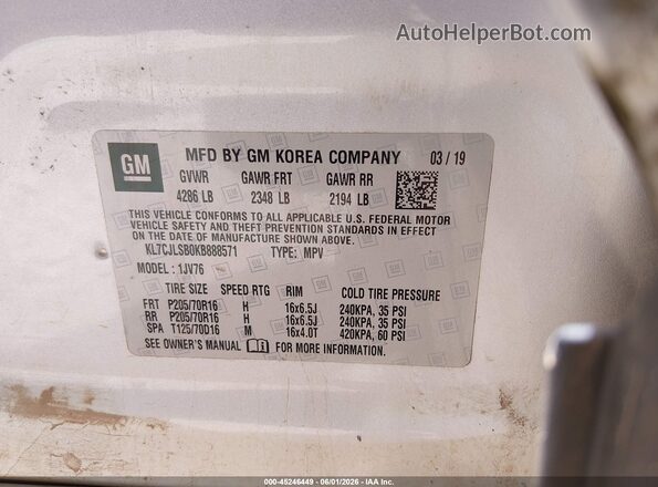 KL7CJLSB0KB888571 2019 CHEVROLET TRAX Silver Vista del compartimento del motor