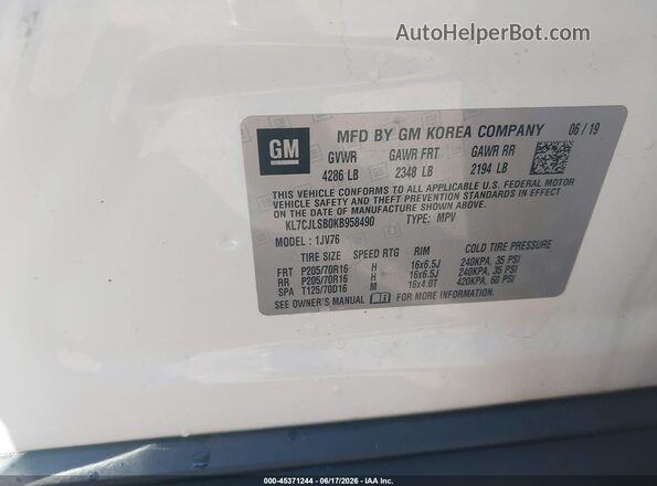 KL7CJLSB0KB958490 2019 CHEVROLET TRAX Белый Вид подкапотного пространства