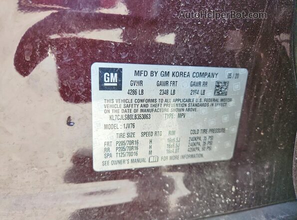 KL7CJLSB0LB353063 2020 CHEVROLET TRAX Purple 