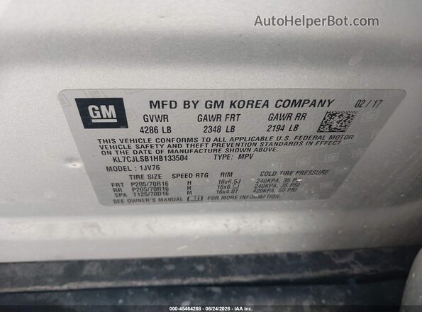 KL7CJLSB1HB133504 2017 CHEVROLET TRAX Серебряный Вид подкапотного пространства