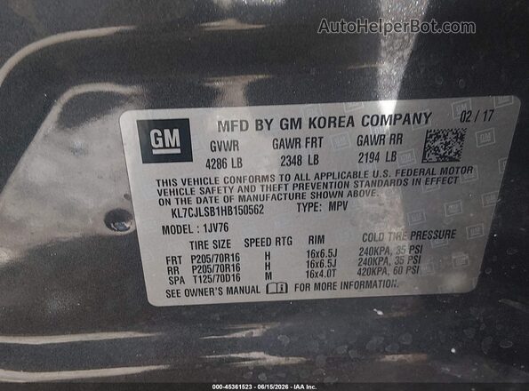 KL7CJLSB1HB150562 2017 CHEVROLET TRAX Gray Widok komory silnika