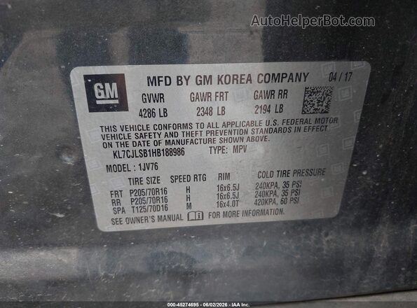 KL7CJLSB1HB188986 2017 CHEVROLET TRAX Gray Շարժիչի բաժամունքի տեսք