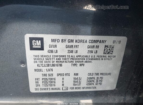 KL7CJLSB1JB616786 2018 CHEVROLET TRAX Gray Vista del compartimento del motor