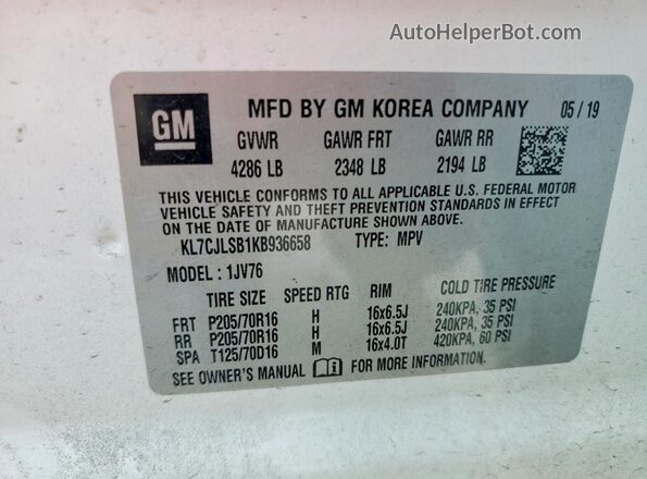KL7CJLSB1KB936658 2019 CHEVROLET TRAX White Շարժիչի բաժամունքի տեսք