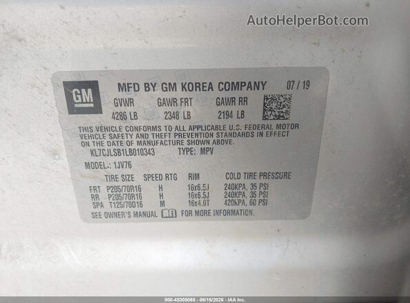 KL7CJLSB1LB010343 2020 CHEVROLET TRAX Silver Widok komory silnika