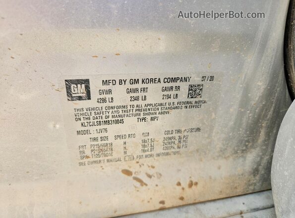 KL7CJLSB1MB310045 2021 CHEVROLET TRAX Silver VIN կոդի պիտակի տեսք