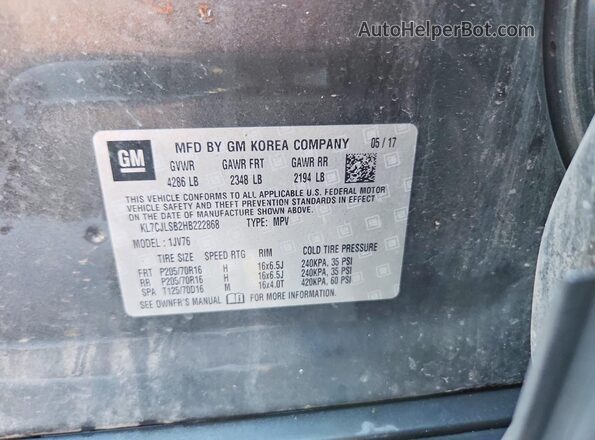 KL7CJLSB2HB222868 2017 CHEVROLET TRAX Gray 
