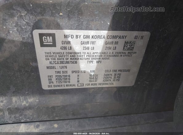 KL7CJLSB2JB675636 2018 CHEVROLET TRAX Gray ძრავის განყოფილების ხედი