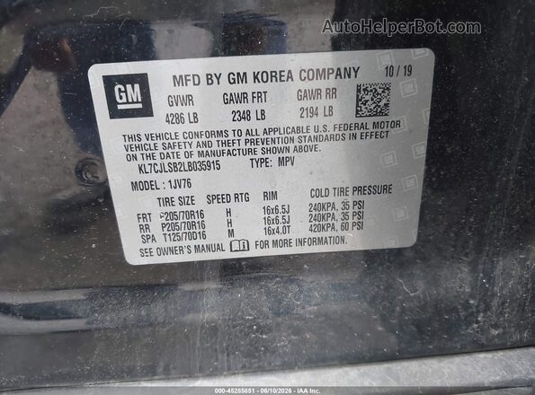 KL7CJLSB2LB035915 2020 CHEVROLET TRAX Black Widok komory silnika