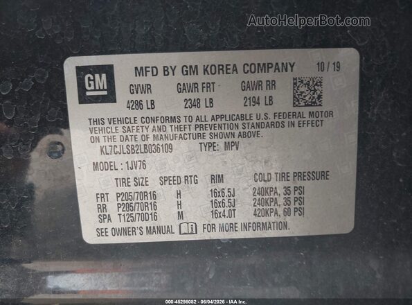KL7CJLSB2LB036109 2020 CHEVROLET TRAX Black Engine compartment view
