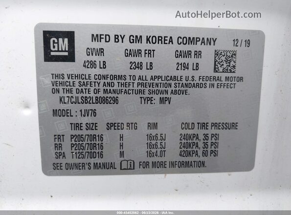 KL7CJLSB2LB086296 2020 CHEVROLET TRAX White Engine compartment view