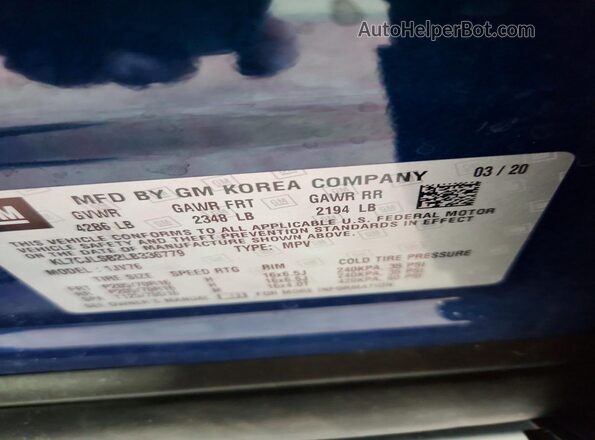 KL7CJLSB2LB336779 2020 CHEVROLET TRAX Blue 