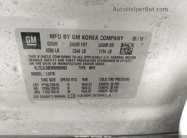 KL7CJLSB3KB960993 2019 CHEVROLET TRAX Silver Vista del compartimento del motor
