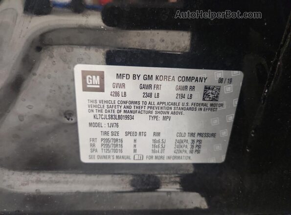 KL7CJLSB3LB019934 2020 CHEVROLET TRAX Черный Вид наклейки с VIN-кодом