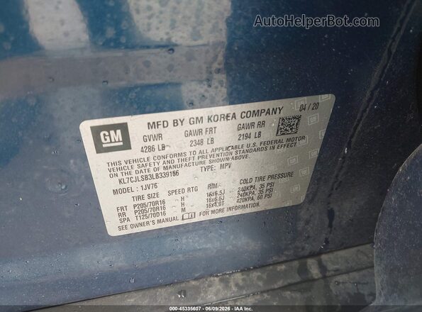 KL7CJLSB3LB339156 2020 CHEVROLET TRAX Blue Engine compartment view