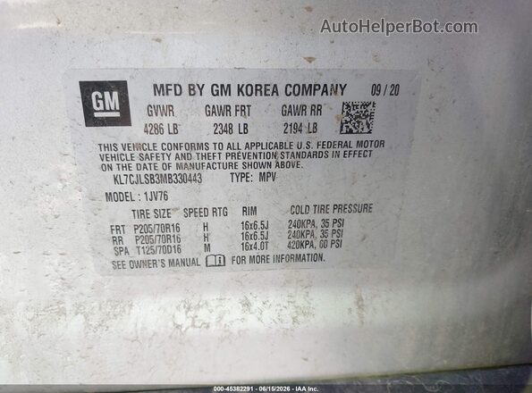 KL7CJLSB3MB330443 2021 CHEVROLET TRAX Silver Engine compartment view