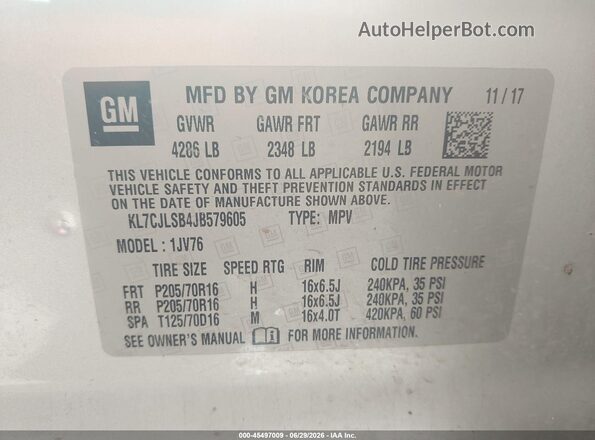 KL7CJLSB4JB579605 2018 CHEVROLET TRAX Silver Շարժիչի բաժամունքի տեսք
