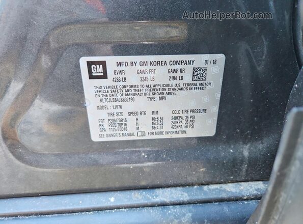 KL7CJLSB4JB632190 2018 CHEVROLET TRAX Gray VIN sticker view