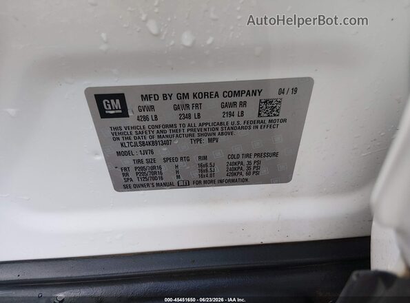 KL7CJLSB4KB913407 2019 CHEVROLET TRAX White Engine compartment view