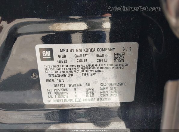 KL7CJLSB4KB918994 2019 CHEVROLET TRAX Black Widok komory silnika