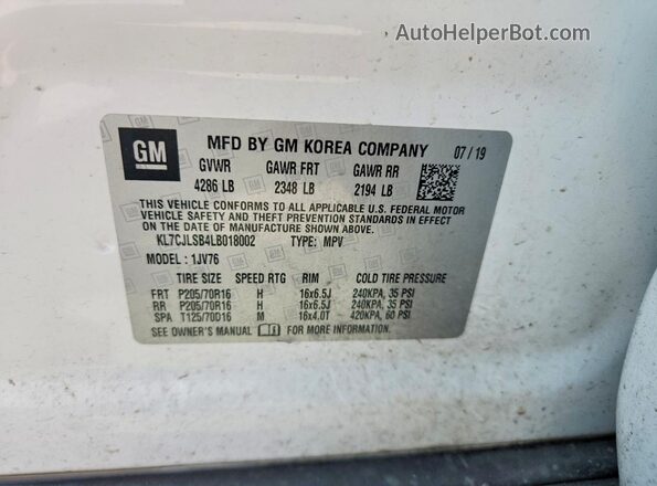 KL7CJLSB4LB018002 2020 CHEVROLET TRAX White Vista de la etiqueta del VIN