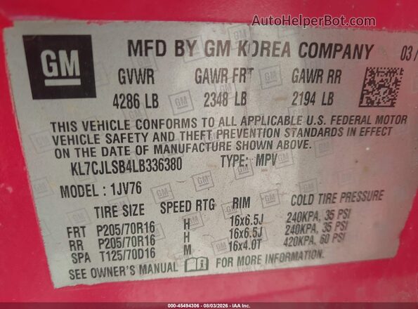 KL7CJLSB4LB336380 2020 CHEVROLET TRAX Красный Вид подкапотного пространства